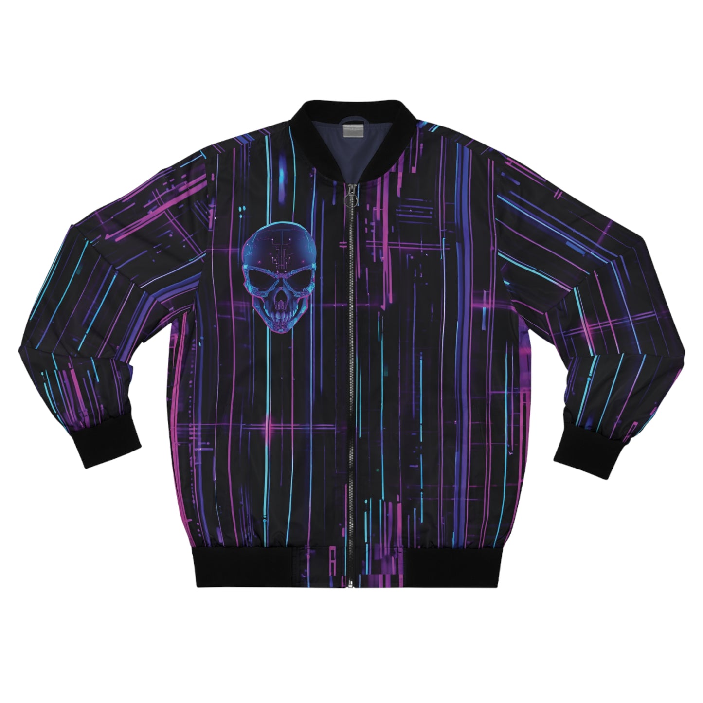 3D Neon Cyborg Skull & Futuristic Lights Cyberpunk Men's Bomber Jacket (AOP)