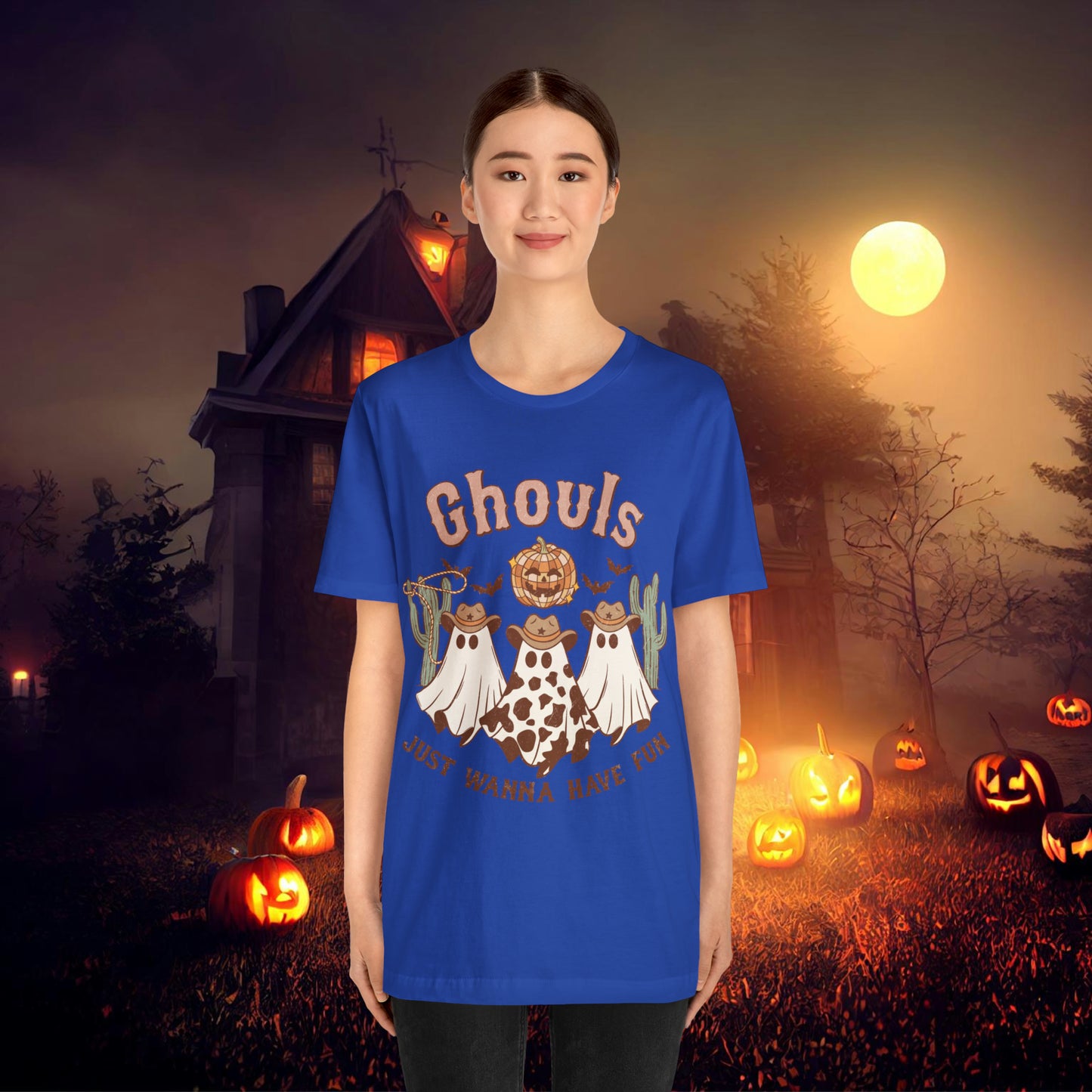 Ghouls Just wanna have fun Cowgirl Ghosts Retro Halloween Unisex Jersey Short Sleeve Tee Gifts for her