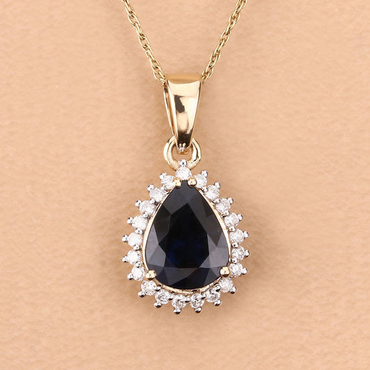 2.09 Carat Genuine Blue Sapphire and White Diamond 14K Yellow Gold Pendant