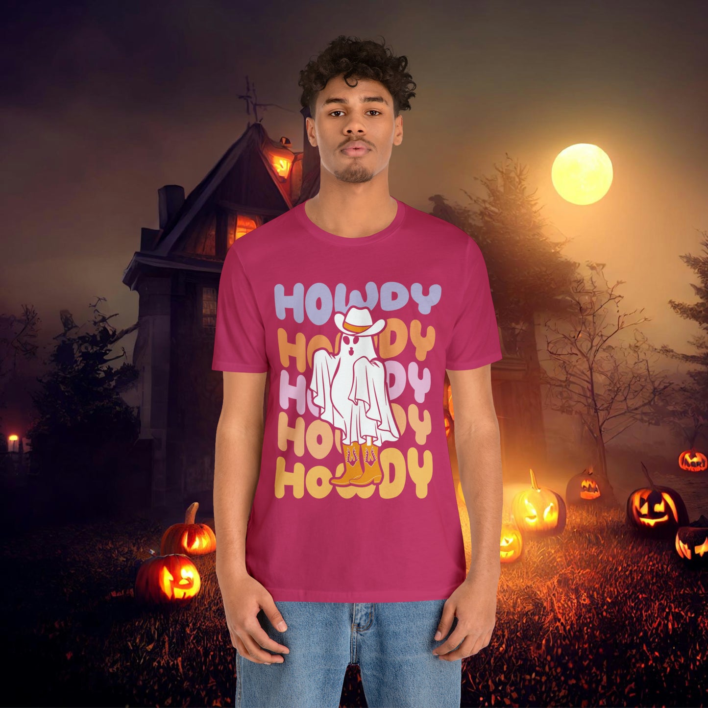 Cowboy Ghost Howdy Retro Halloween Unisex Jersey Short Sleeve Tee Gifts for Him Gifts For Her