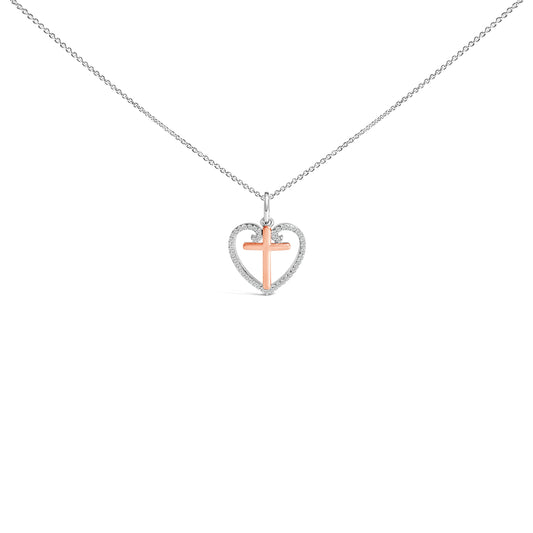14K Rose Gold Plated Sterling Silver 1/5 Cttw Diamond Heart Cross Pendant Necklace