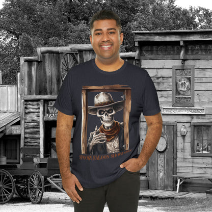 Spooky Saloon Showdown Gunslinging Skeleton Cowboy Halloween Unisex Jersey Short Sleeve Tee