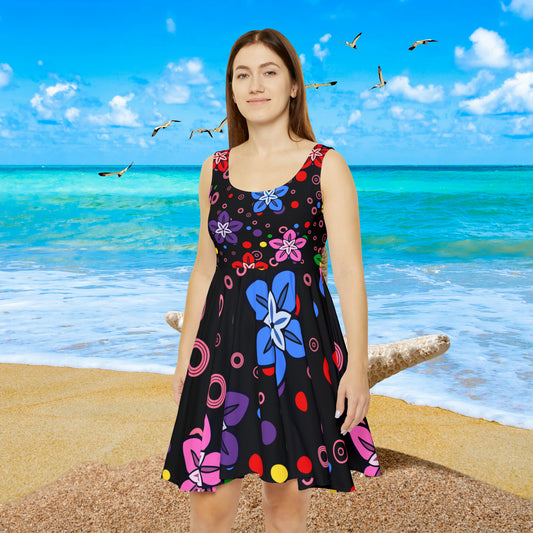 Good Times Good Vibes Feeling Groovy Retro Colorful Flowers Women's Skater Dress (AOP)