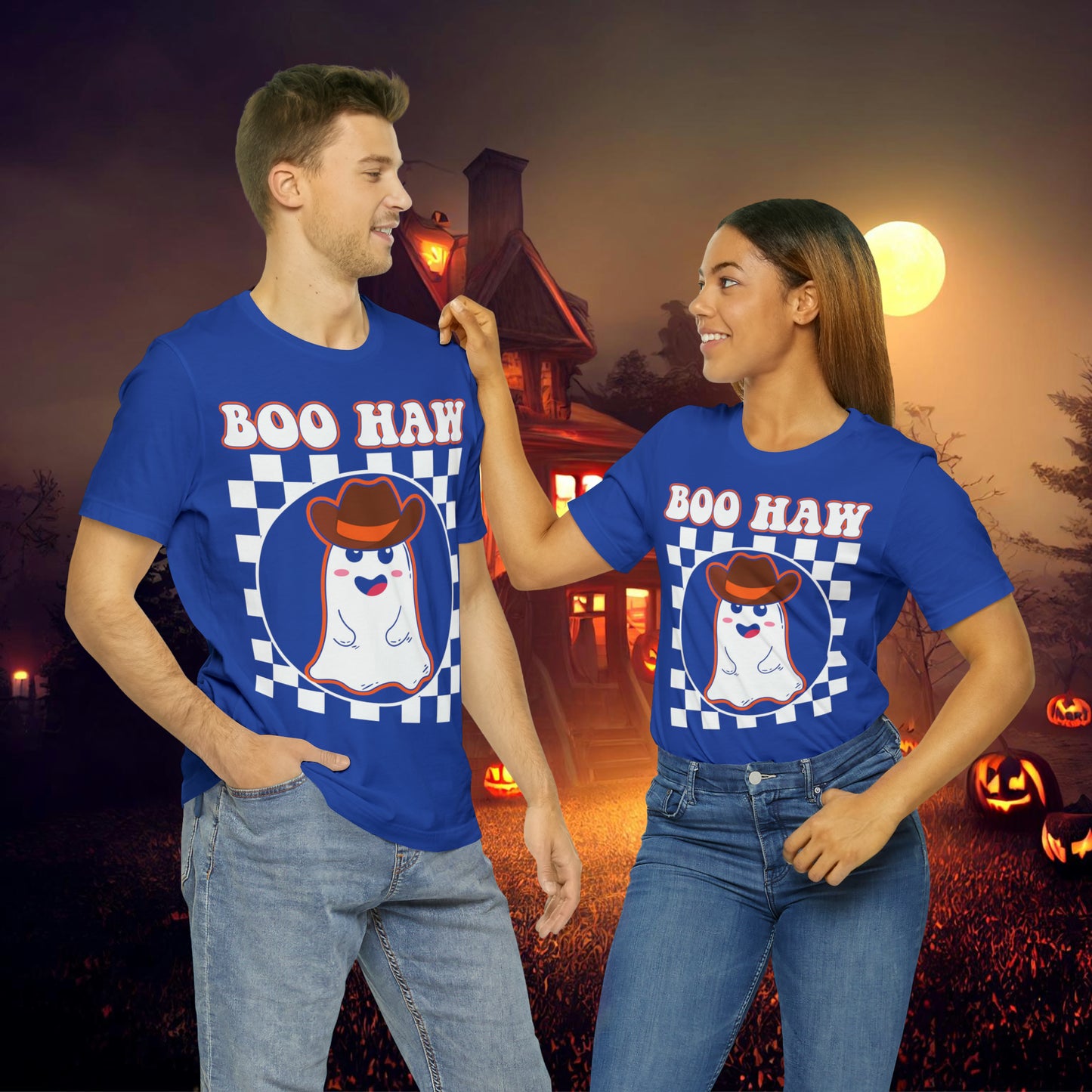 Cute Cowboy Ghost Saying Boo Haw Retro Groovy Western Halloween Unisex Jersey Short Sleeve Tee Gifts for Him Gifts For Her