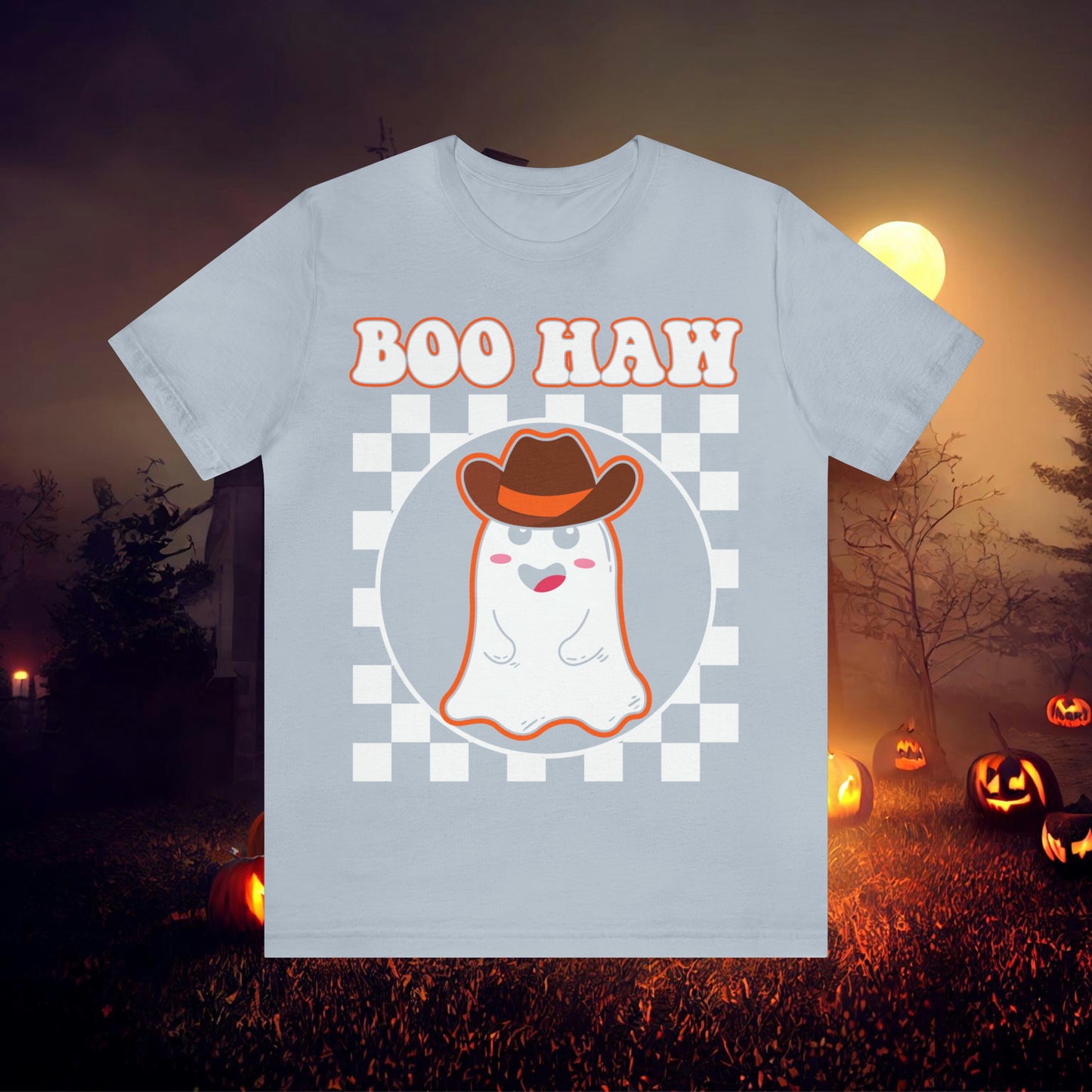 Cute Cowboy Ghost Saying Boo Haw Retro Groovy Western Halloween Unisex Jersey Short Sleeve Tee Gifts for Him Gifts For Her