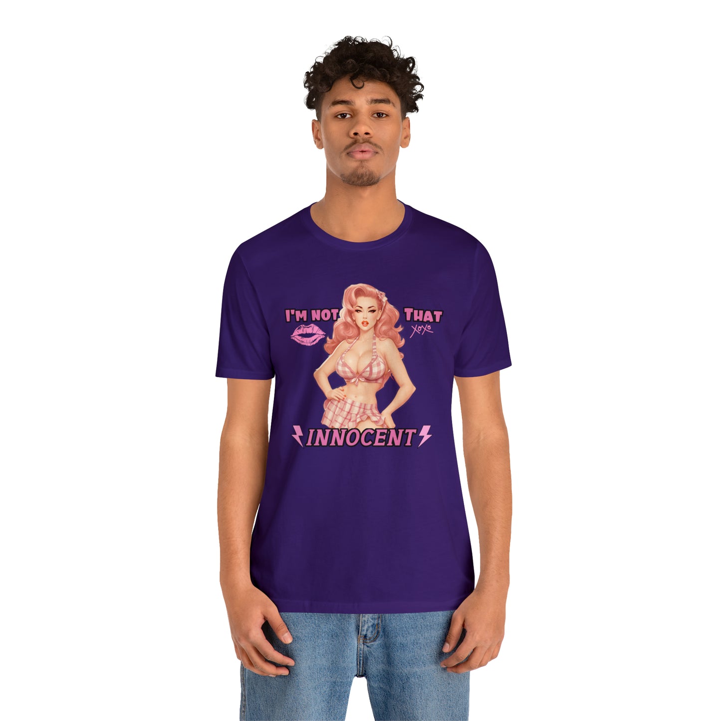 Timeless Elegance: Vintage Pink Pinup Girl "I'm not that Innocent on a Bella+Canva 3001 Unisex Jersey T-Shirt - A Must-Have Gift for her