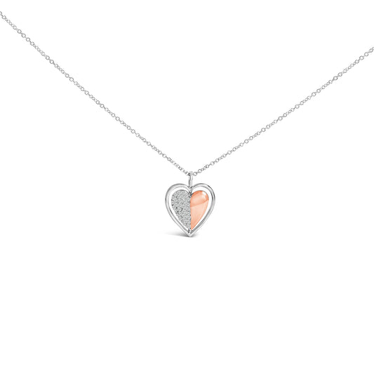 10K Rose Gold Plated Sterling Silver 1/5 Cttw Diamond Two-Tone Heart Pendant Necklace