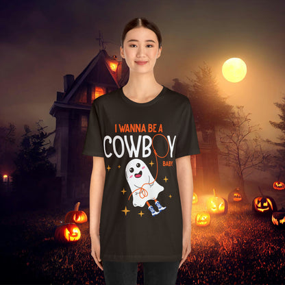 Little Ghost Saying I wanna be a cowboy baby Retro Groovy Western Halloween Unisex Jersey Short Sleeve Tee Gifts for Him Gifts for her.