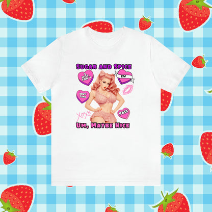 Sarcastic Elegance: Vintage Pink Pinup Girl "Sugar and Spice" on a Bella+Canva 3001 Unisex Jersey T-Shirt - A Must-Have Gift for her