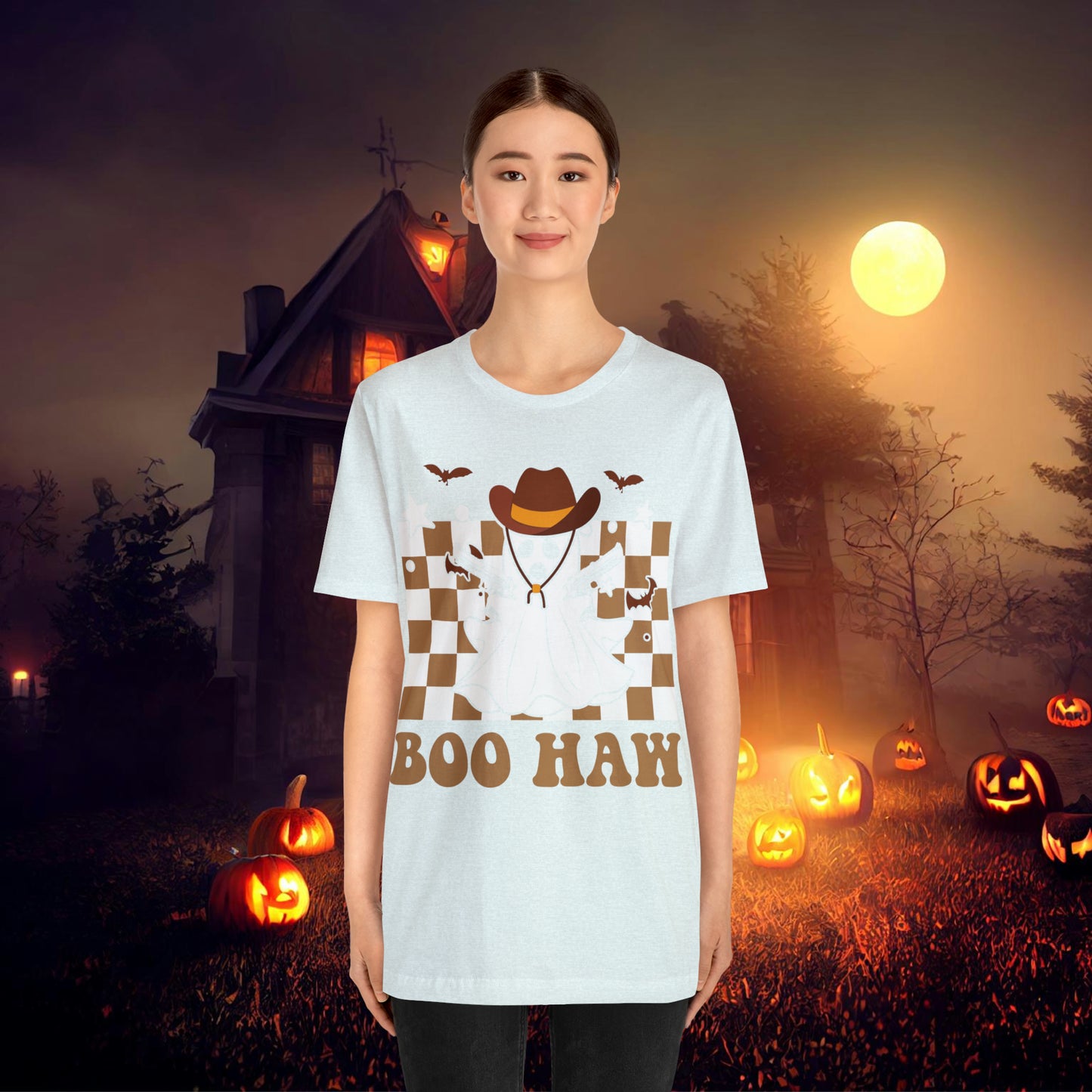 Cowboy Gunslinging Ghost saying Boo Haw Retro Western Halloween Unisex Jersey Short Sleeve Tee Gifts for Him Gifts for Her