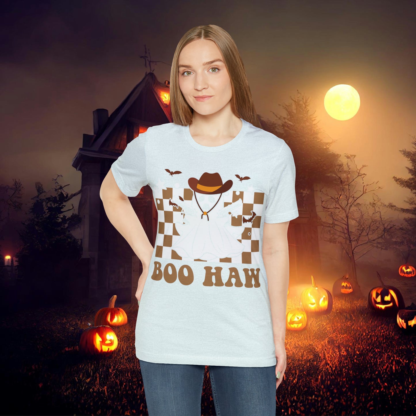 Cowboy Gunslinging Ghost saying Boo Haw Retro Western Halloween Unisex Jersey Short Sleeve Tee Gifts for Him Gifts for Her