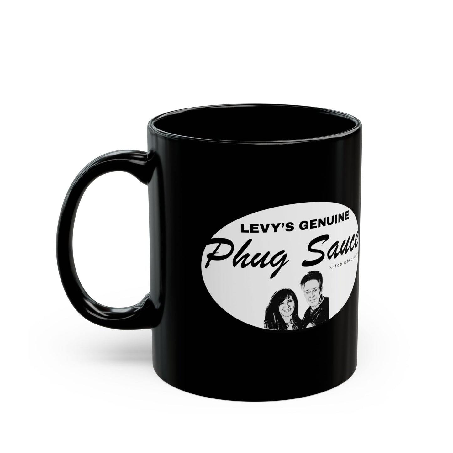 Levy’s Genuine Phuq Sauce Black Mug 11oz complete with a Long Dog