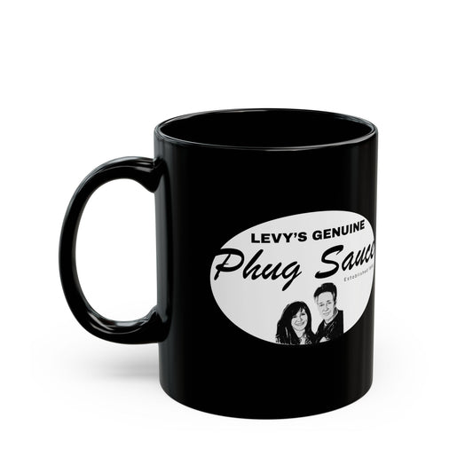 Levy’s Genuine Phuq Sauce Black Mug 11oz complete with a Long Dog