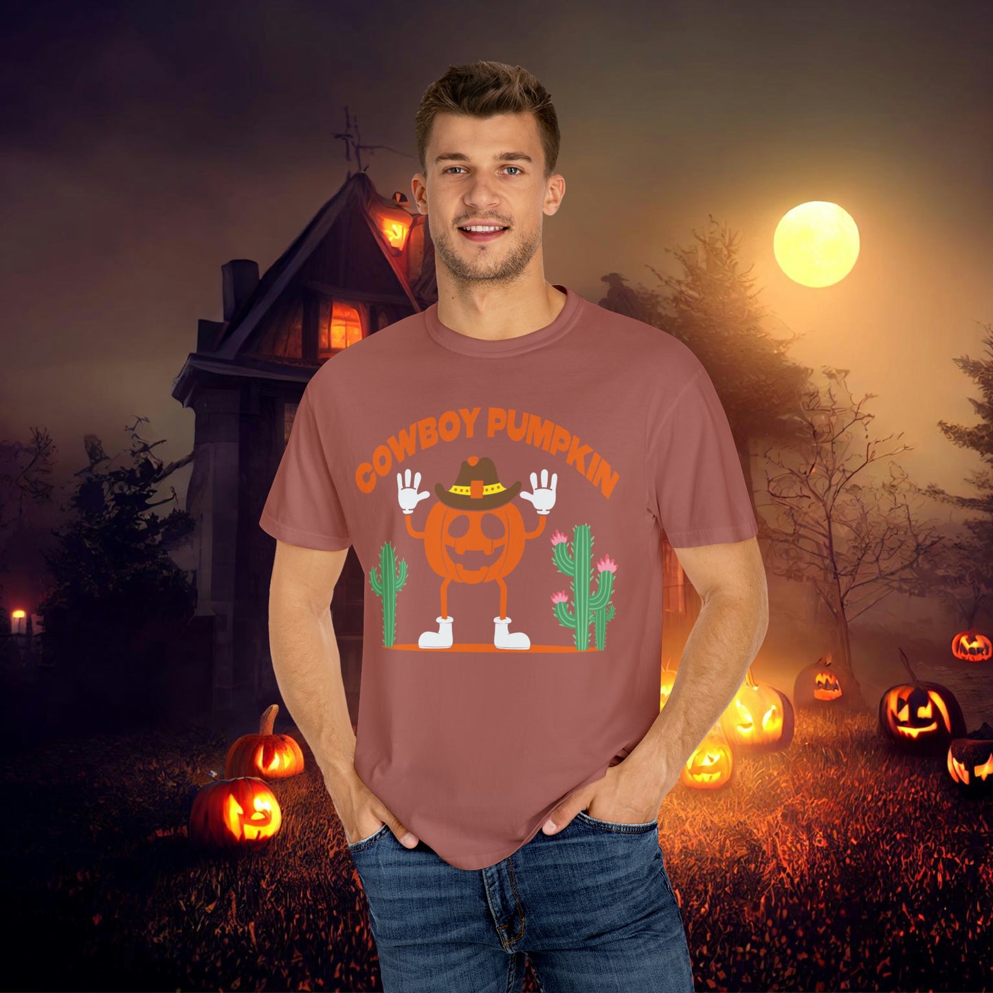 Cowboy Pumpkin Retro Groovy Halloween Unisex Garment-Dyed T-shirt Gifts for Him Gifts for Her