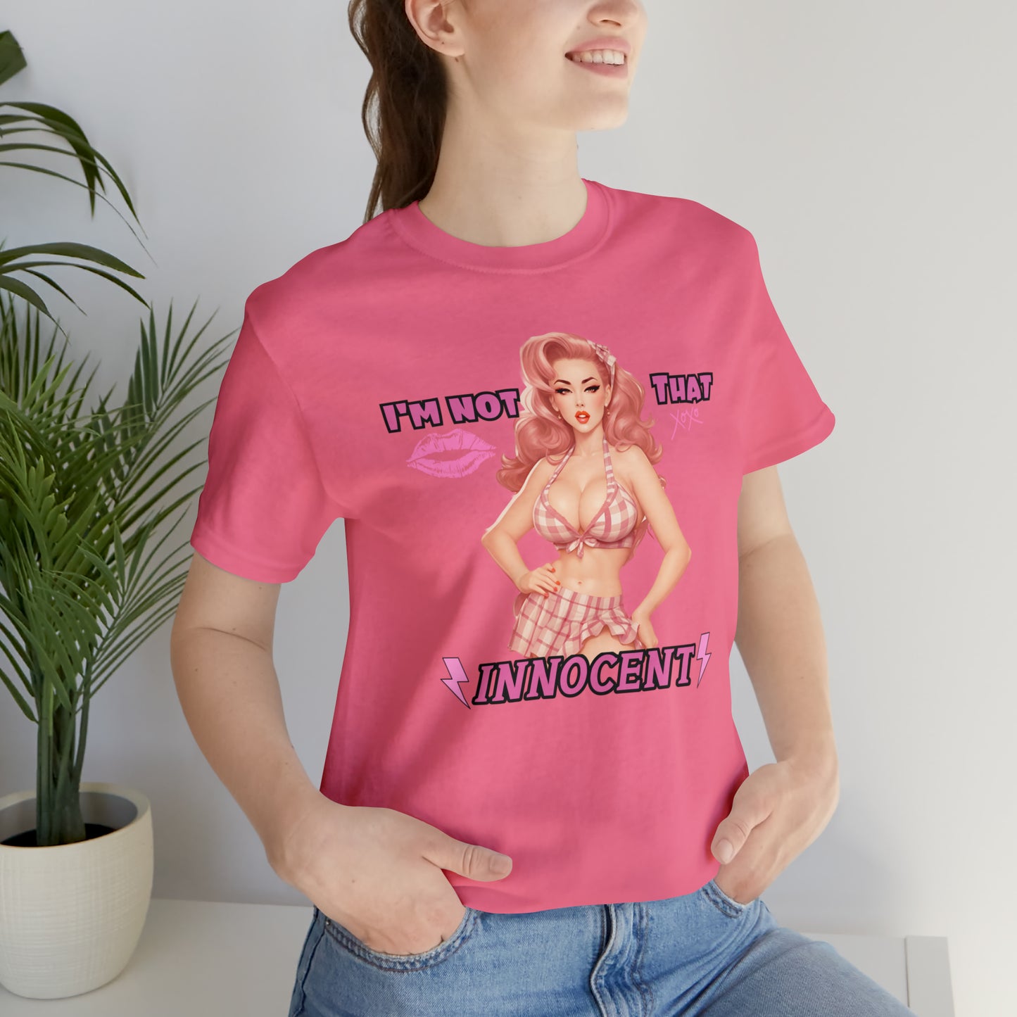 Timeless Elegance: Vintage Pink Pinup Girl "I'm not that Innocent on a Bella+Canva 3001 Unisex Jersey T-Shirt - A Must-Have Gift for her