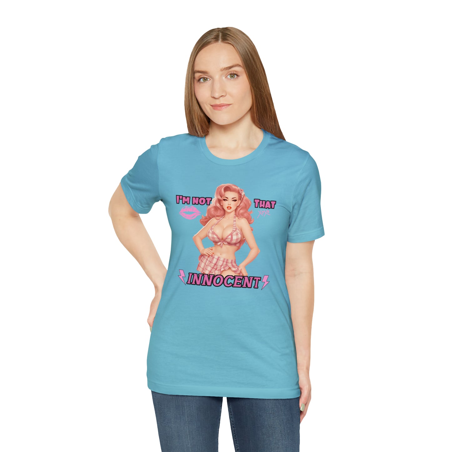 Timeless Elegance: Vintage Pink Pinup Girl "I'm not that Innocent on a Bella+Canva 3001 Unisex Jersey T-Shirt - A Must-Have Gift for her