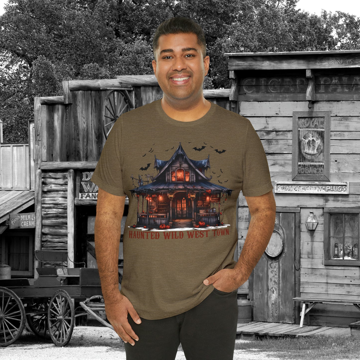 Haunted Wild West Town Halloween Western Unisex Jersey Short Sleeve Tee Gifts for Him Gifts For Her