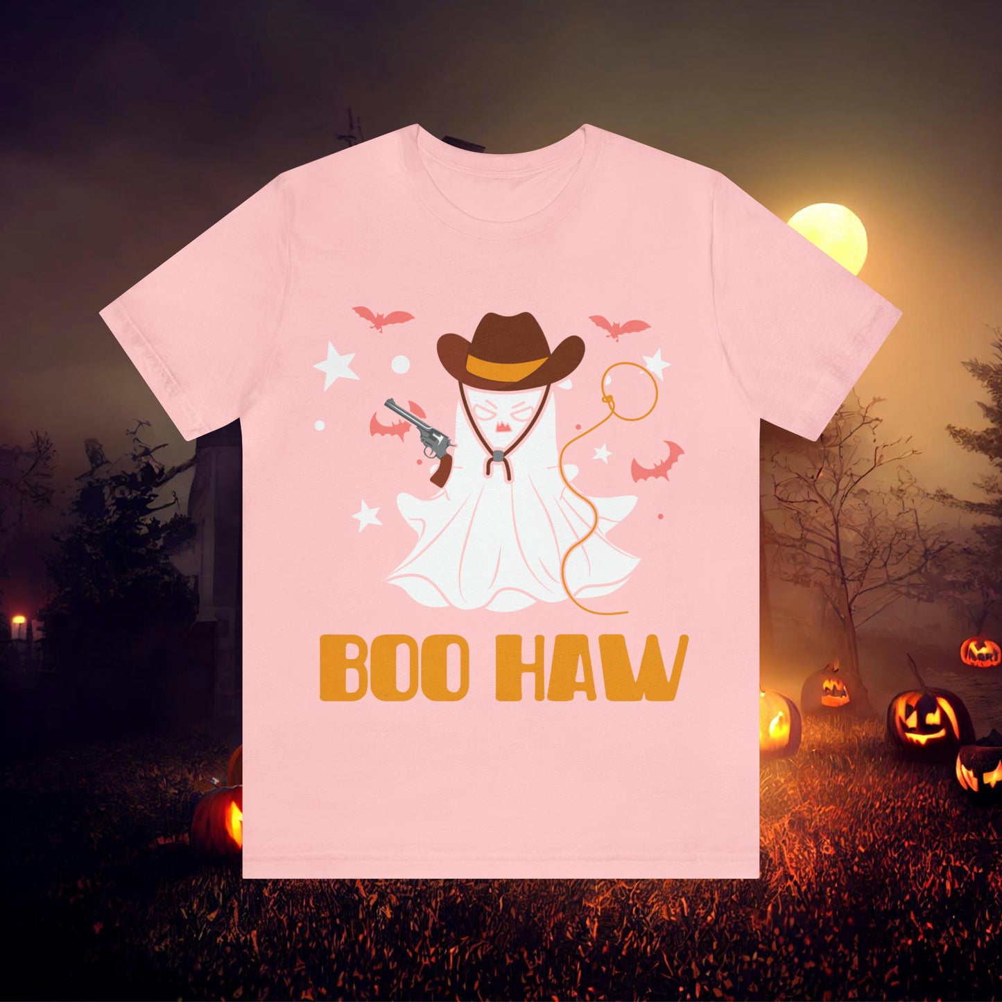 Ghost Cowboy Gunslinger saying Boo Haw Retro Western Halloween Unisex Jersey Short Sleeve Tee Gifts for Her Gifts for Him