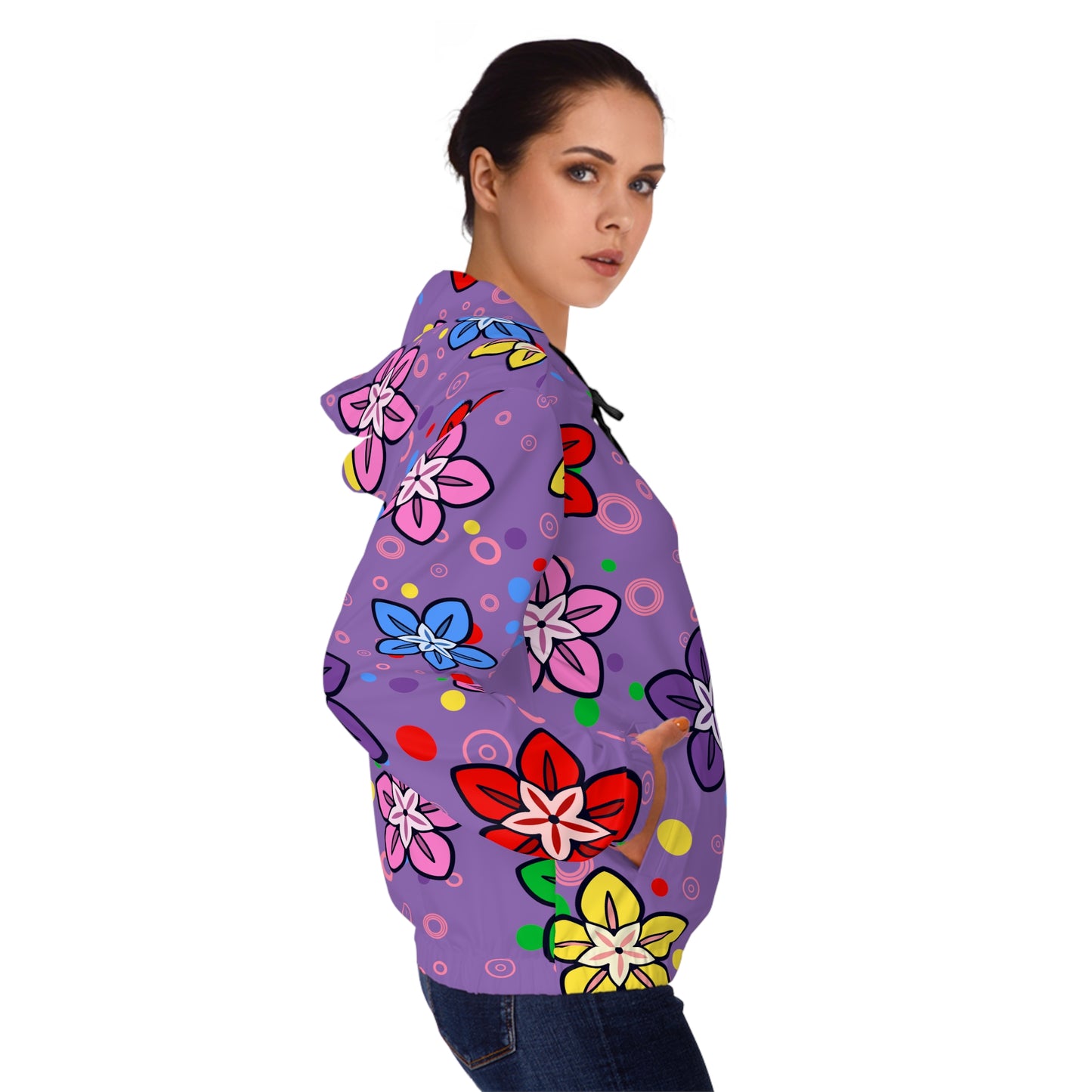 Good Times and Good Vibes Retro Colorful Flowers on a Purple background Womens Full-Zip Hoodie (AOP)