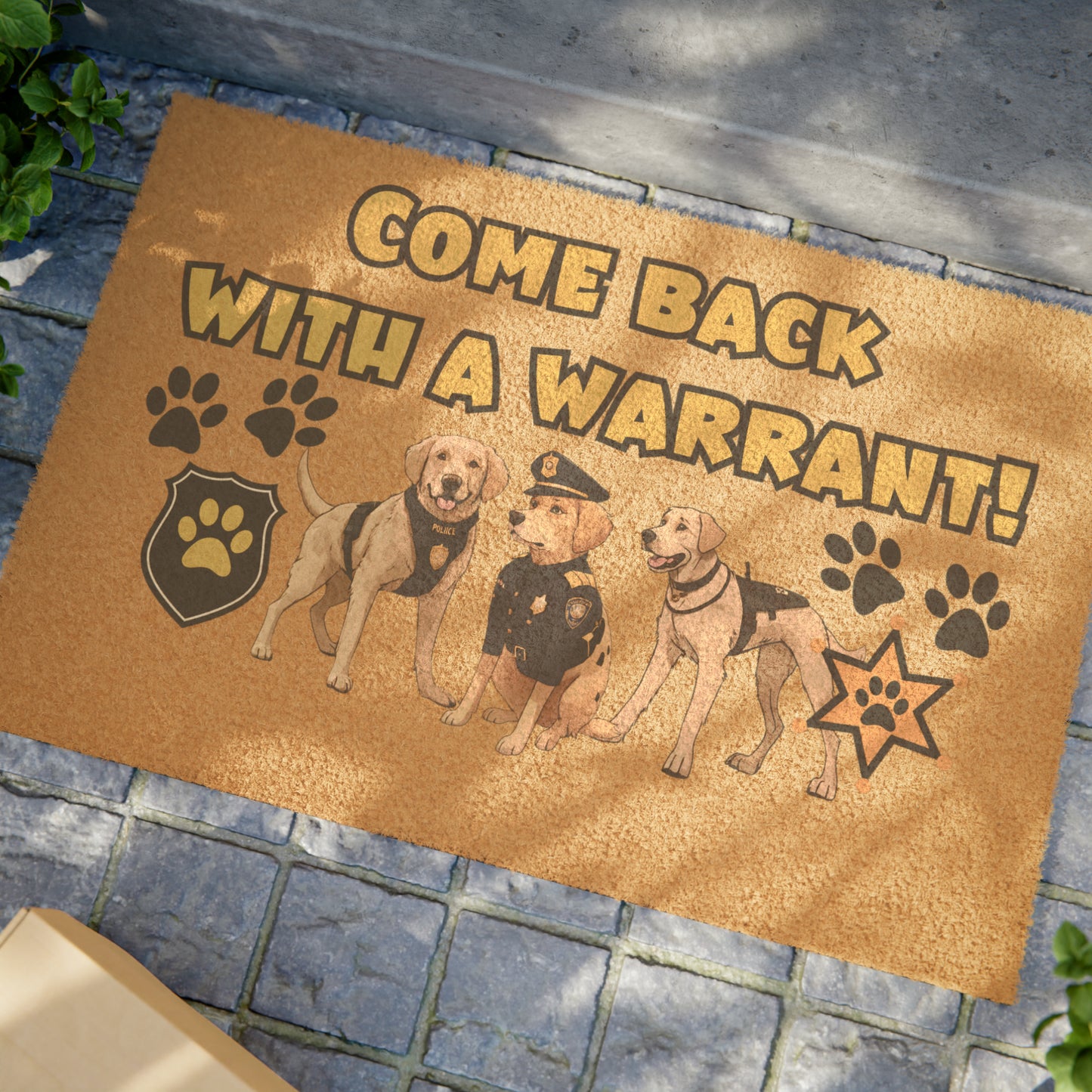 Come Back with a Warrant Blaze the Wonder Dog as a Police Officer with dog buddies Doormat | 24" x 16" | Coir Door Mat Labrador Retriever