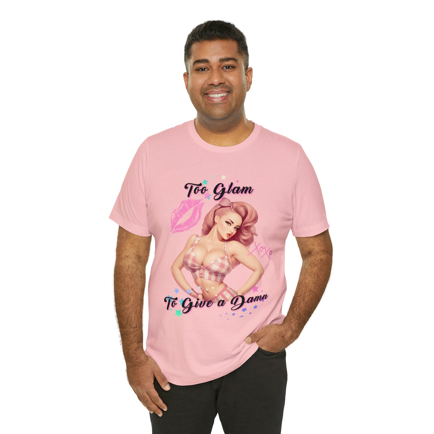 Vintage Pink Pinup Girl "Too Glam To Give a D*mn" on a Bella+Canva 3001 Unisex Jersey T-Shirt - A Must-Have Gift for her