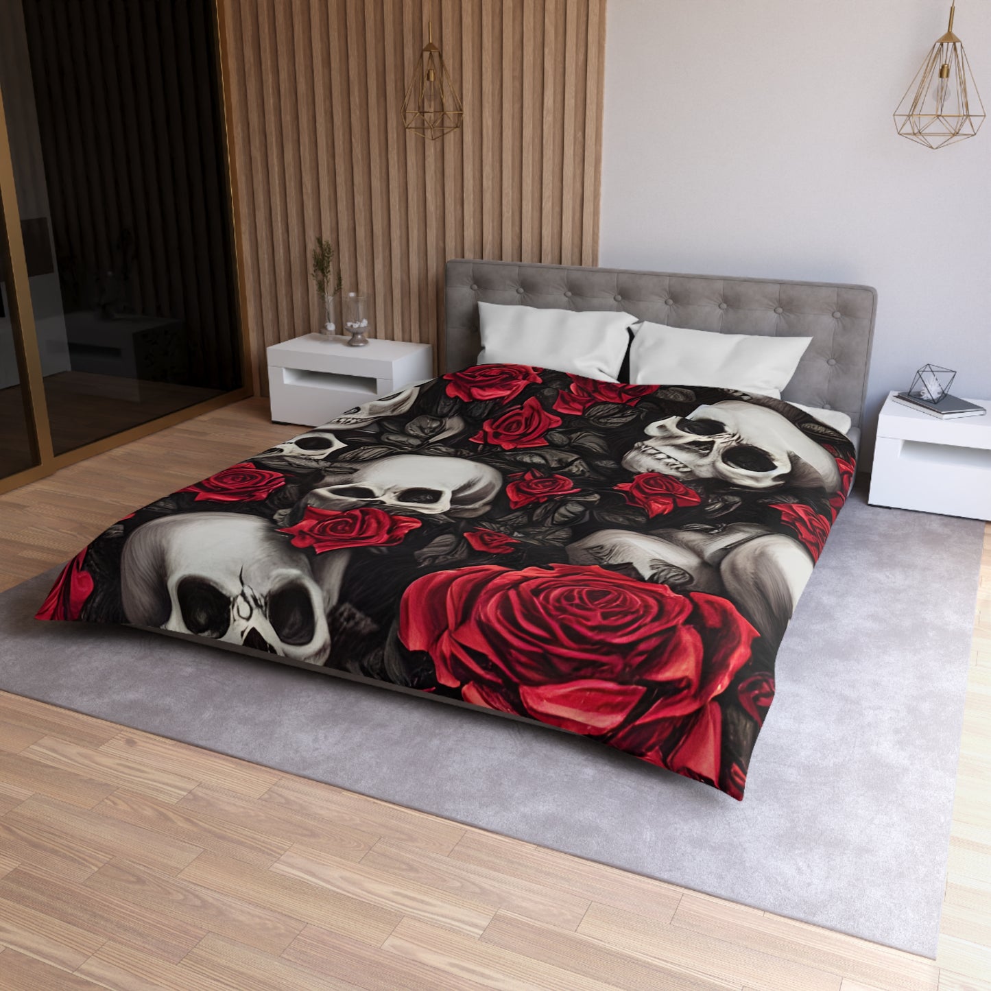 Hyper Realistic Skulls and Red Roses by artist Anne-Laure Goupil Microfiber Duvet Cover