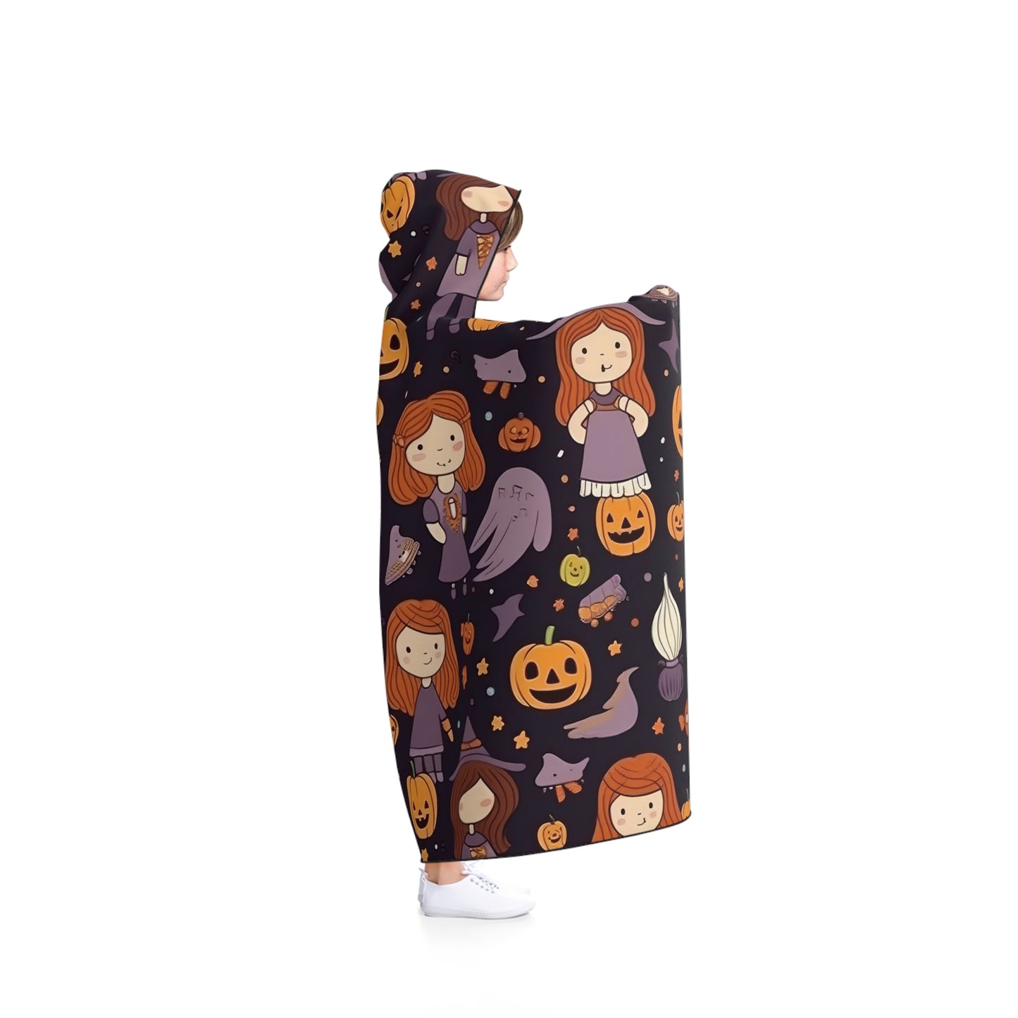 Halloween Trick or Treat Ghosts Witch Hats Jack o Lanterns Hooded Blanket