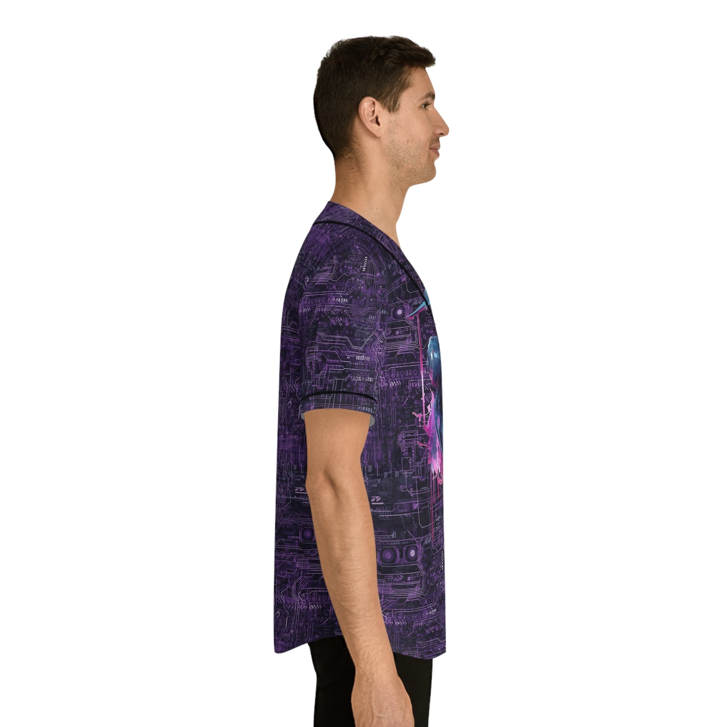 CyberPunk Cybernetic Skull breaking through a Purple Neon Circuit Board Men's Baseball Jersey (AOP)