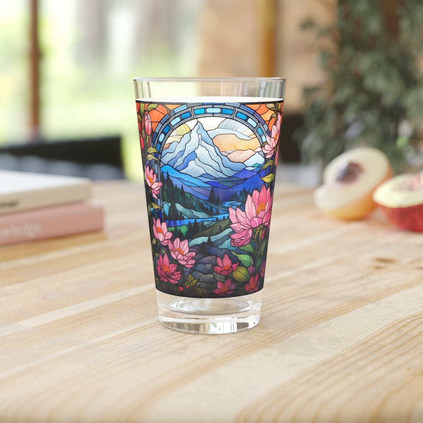 Mountain Creek Serenity, A Pink Floral Stained Glass artwork on a 16oz Pint Glass Gift idea, gifts for home decor, housewarming gift