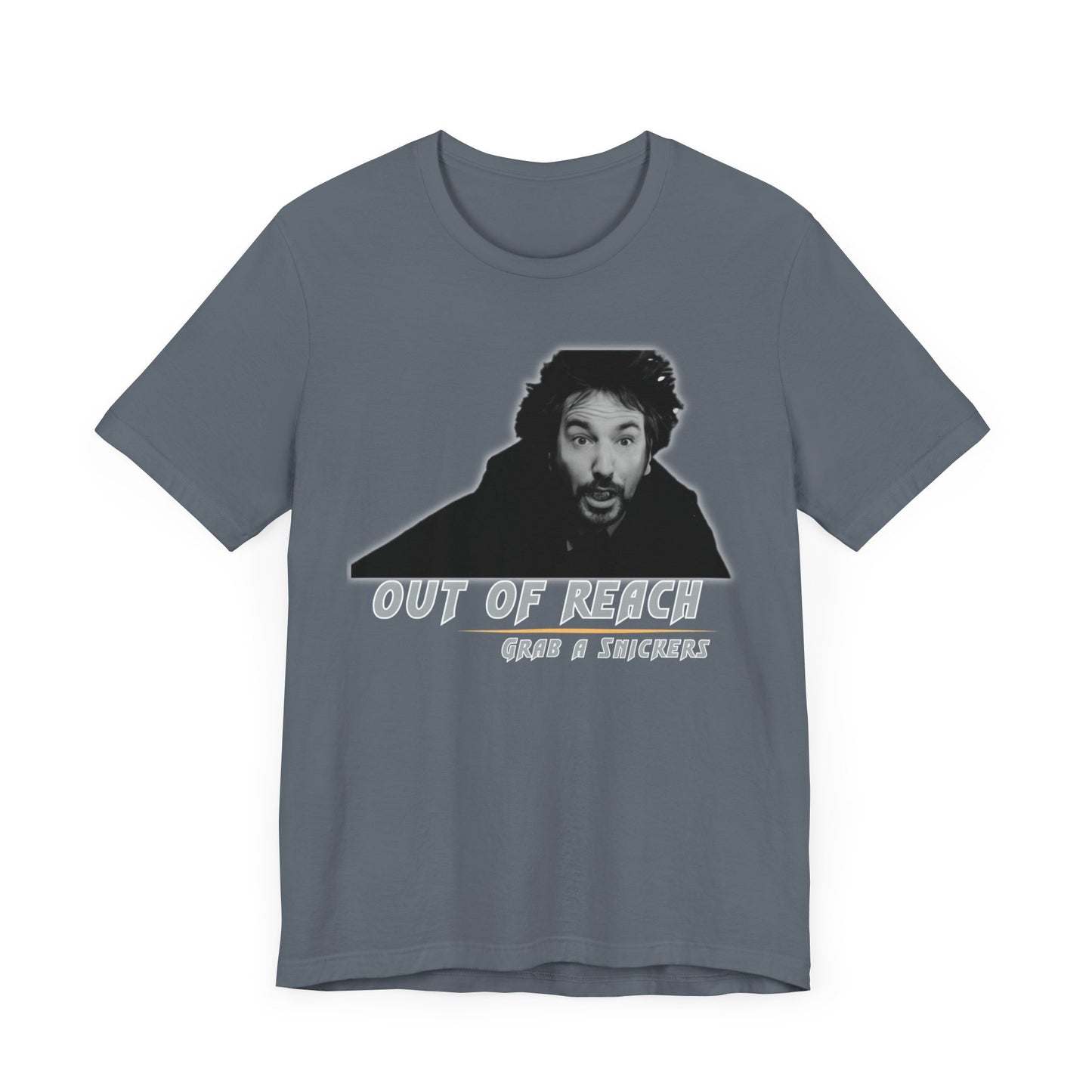 Inspired Parody Die Hard Hans Gruber Tee: Out of Reach, Grab a Snickers! Unisex Jersey Short Sleeve Tee