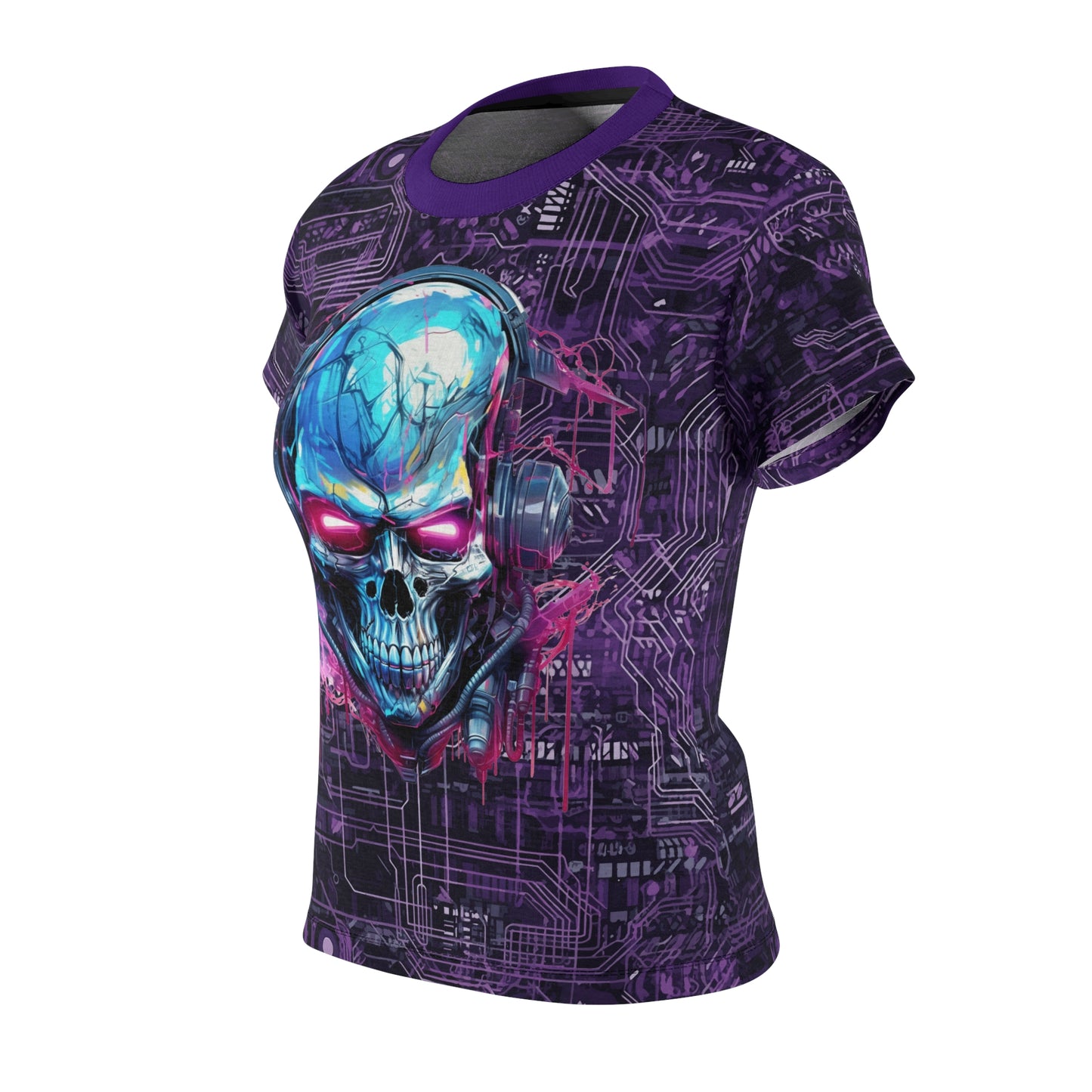 CyberPunk Cybernetic Skull breaking through a Purple Neon Circuit Board Women's Cut & Sew Tee (AOP)