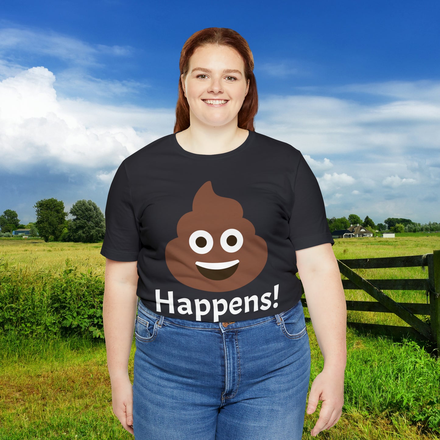 Embrace the Inevitable: 'Happens' Poop Emoji Unisex Jersey T-Shirt