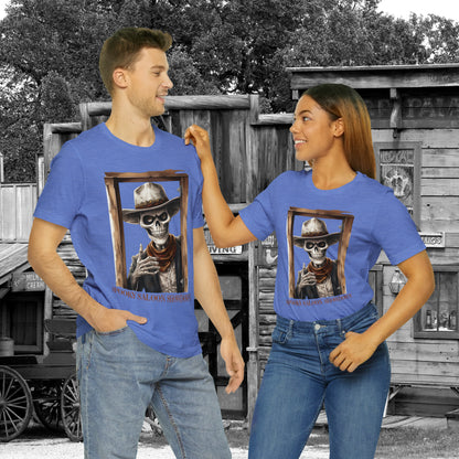 Spooky Saloon Showdown Gunslinging Skeleton Cowboy Halloween Unisex Jersey Short Sleeve Tee