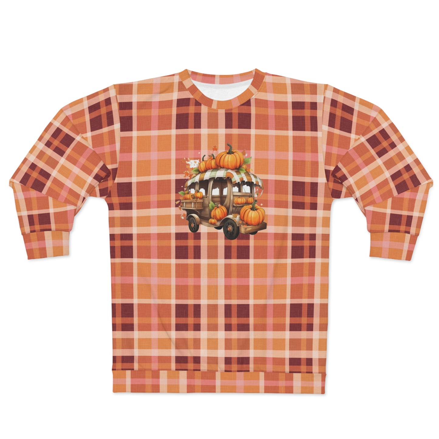 Vintage Mobile Stand and Pumpkins Plaid Unisex Fall Sweatshirt (AOP) - Embrace Autumn's Cozy Charm