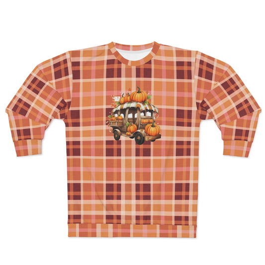 Vintage Mobile Stand and Pumpkins Plaid Unisex Fall Sweatshirt (AOP) - Embrace Autumn's Cozy Charm