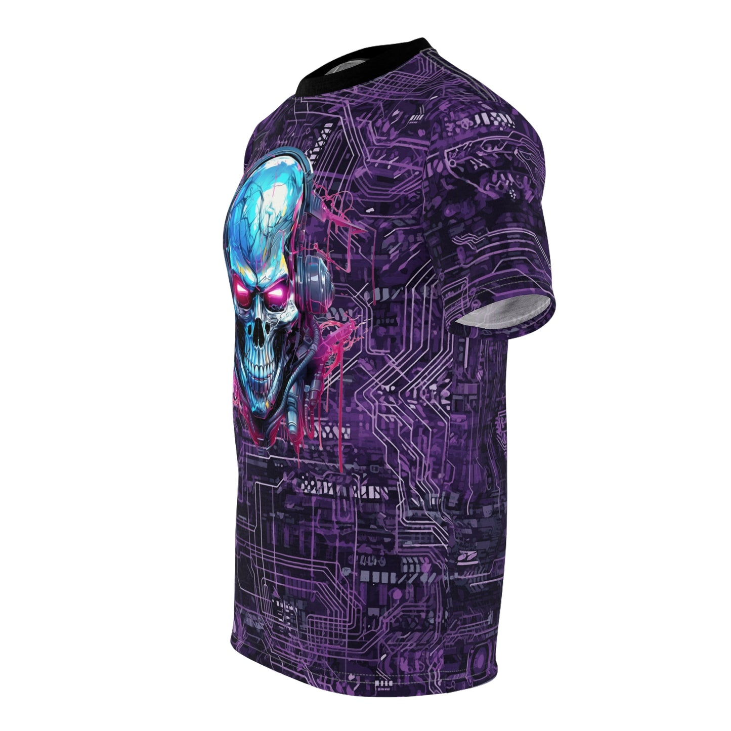 CyberPunk Cybernetic Skull breaking through a Purple Neon Circuit Board Unisex Cut & Sew Tee (AOP) Gifts for Her Gifts For Him