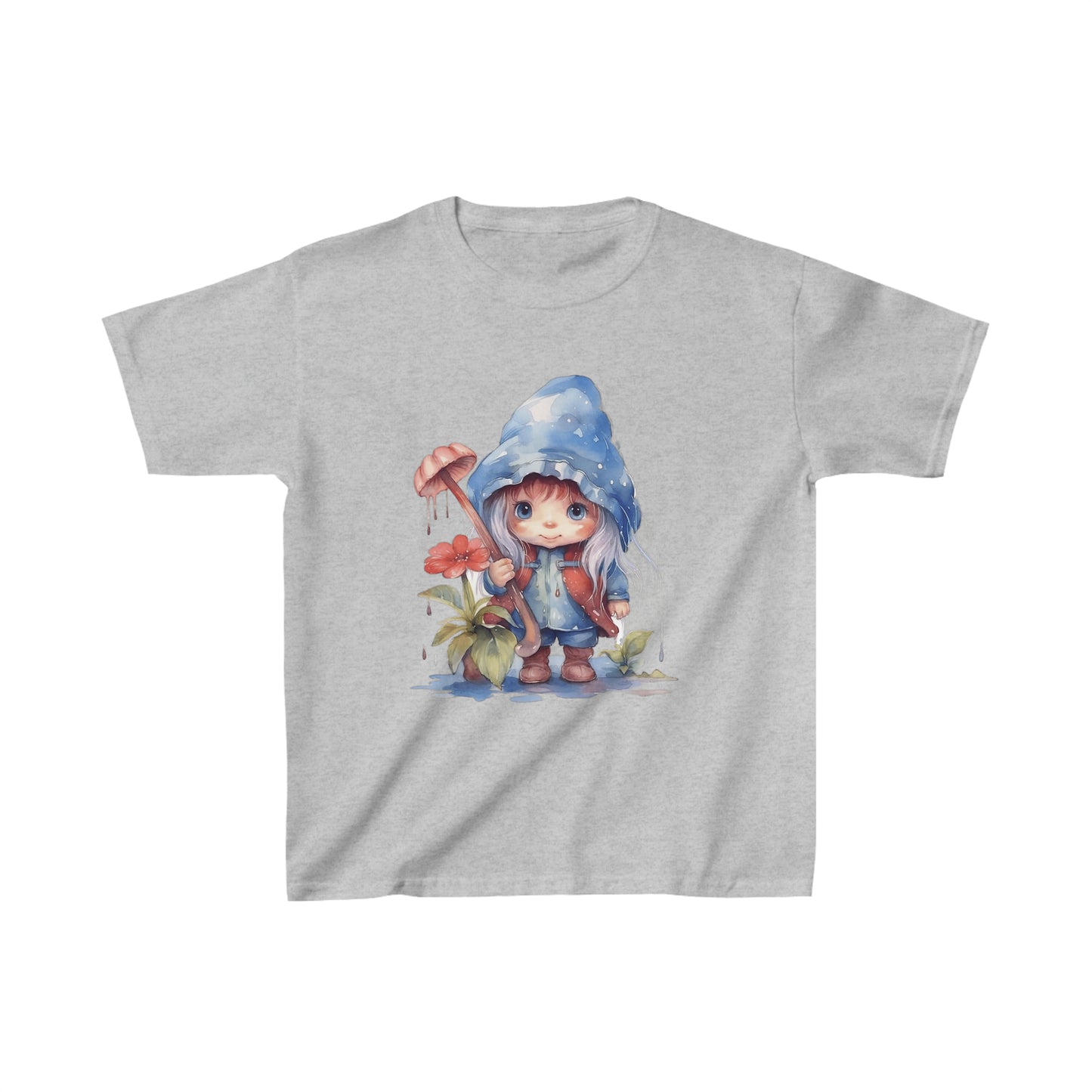 Watercolor Art of a little Gnome Girl with Blonde Hair holding a mushroom Kids Heavy Cotton™ Tee