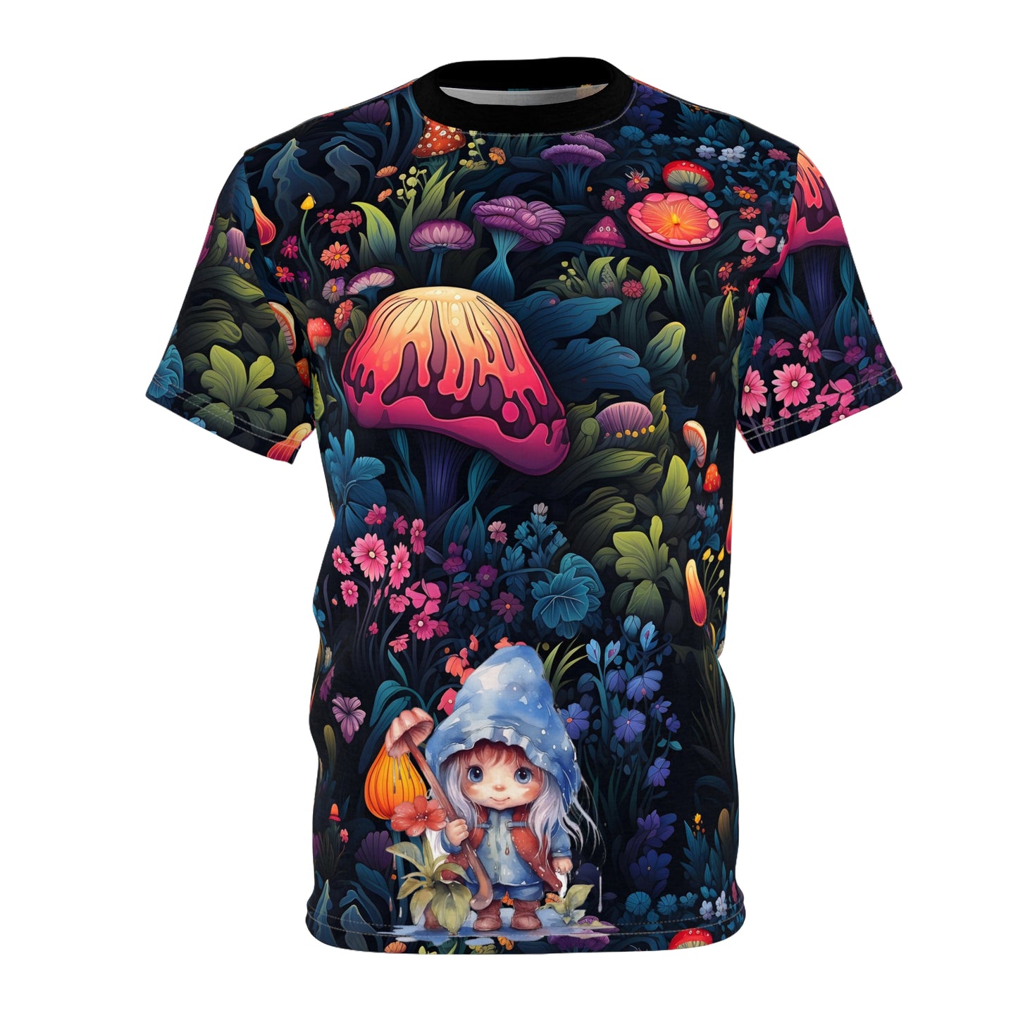 Magical Fairy Forest with Colorful Mushrooms and a little Gnome Girl Unisex Cut & Sew Tee (AOP)