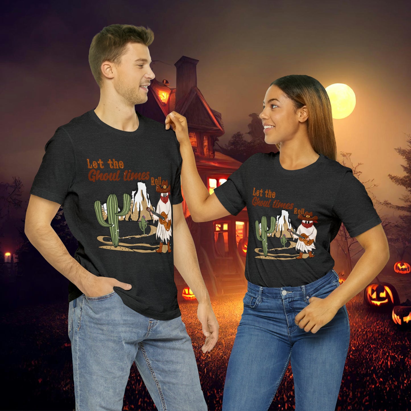 Cowboy Ghost playing the Guitar singing Let the Ghoul times roll Halloween Unisex Jersey Short Sleeve Tee Gifts for him Gifts for Her