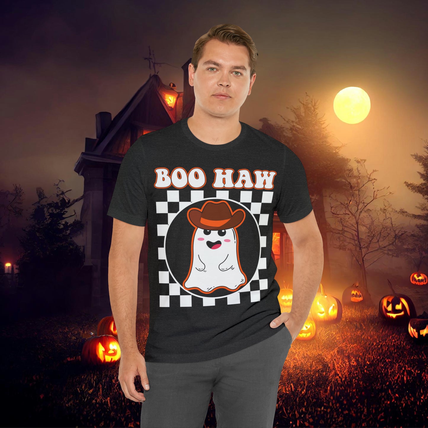 Cute Cowboy Ghost Saying Boo Haw Retro Groovy Western Halloween Unisex Jersey Short Sleeve Tee Gifts for Him Gifts For Her