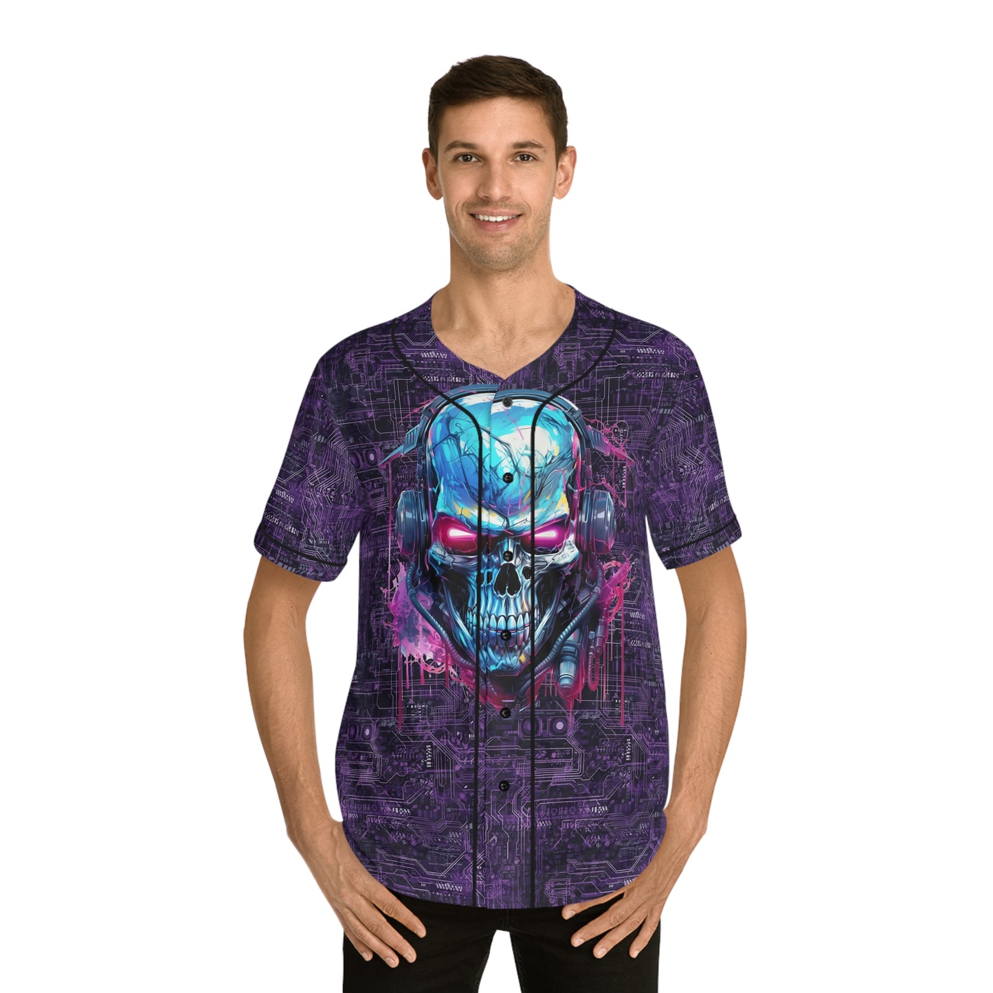 CyberPunk Cybernetic Skull breaking through a Purple Neon Circuit Board Men's Baseball Jersey (AOP)