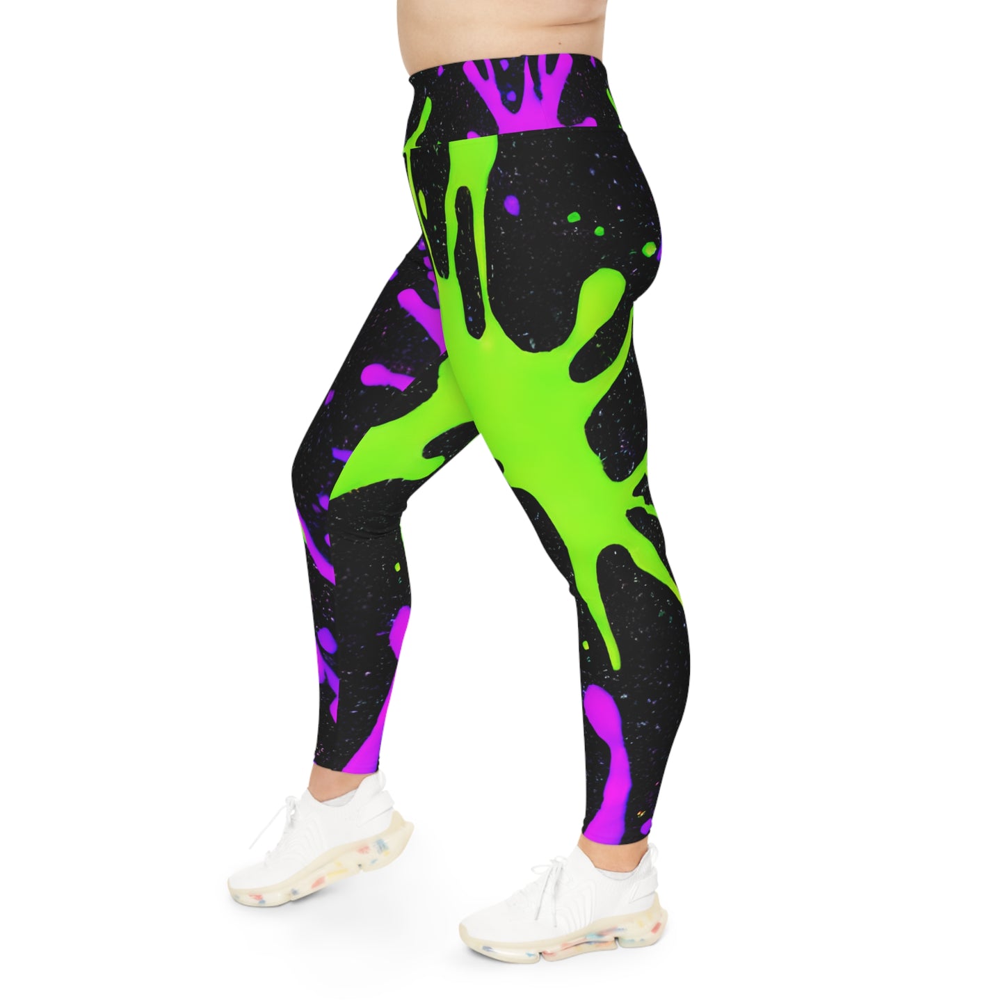 Plus Size Leggings with Green and Pink Paint Splatters (AOP) - Stylish Comfort for Every Curve