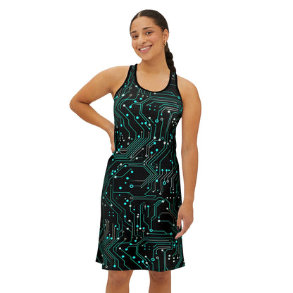 Glowing Gridlines: Cyberpunk Women's Tech-Inspired Racerback Dress - Circuit Design