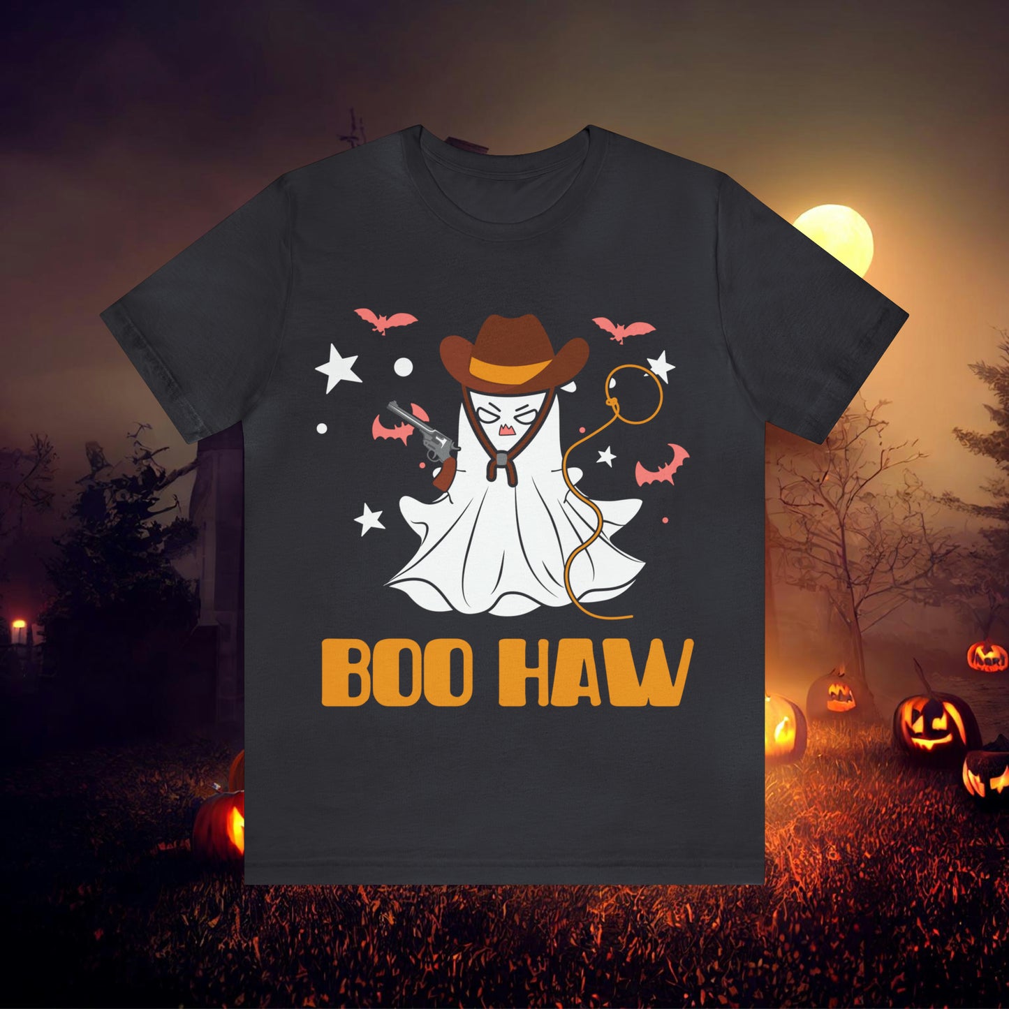 Ghost Cowboy Gunslinger saying Boo Haw Retro Western Halloween Unisex Jersey Short Sleeve Tee Gifts for Her Gifts for Him