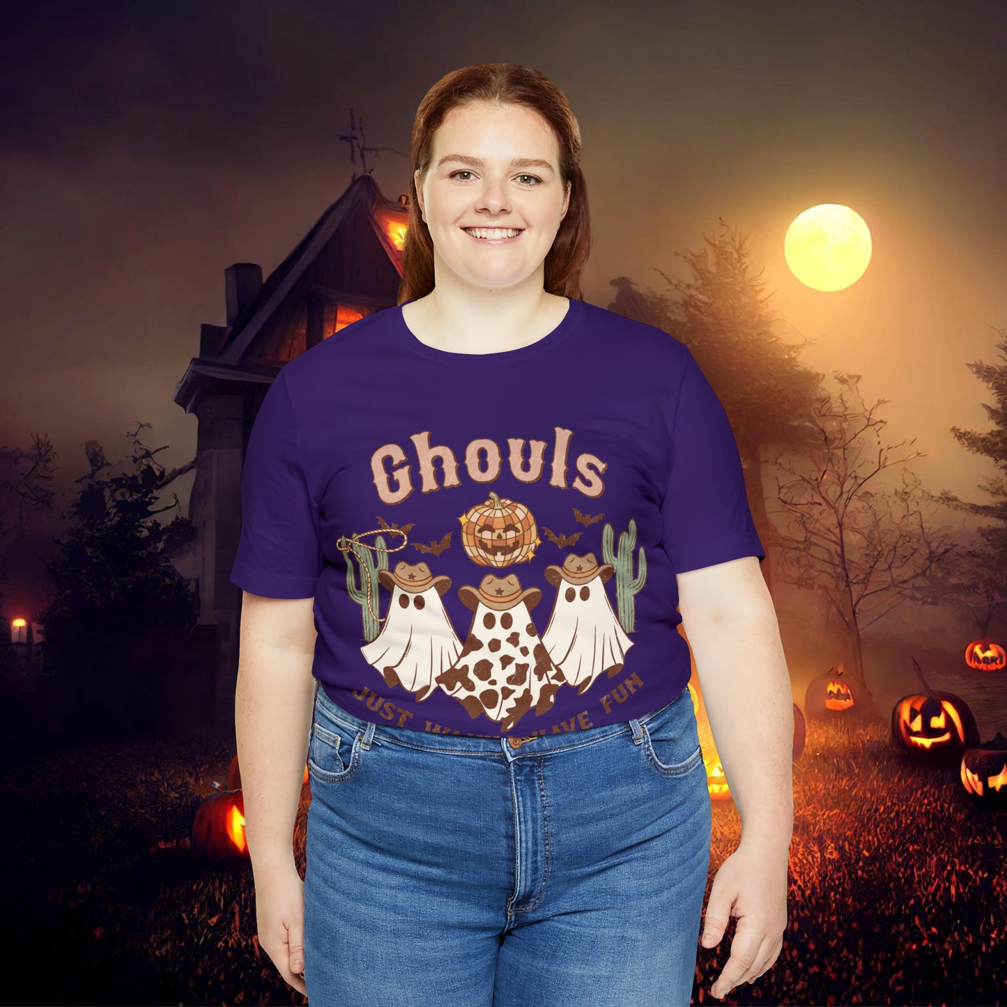 Ghouls Just wanna have fun Cowgirl Ghosts Retro Halloween Unisex Jersey Short Sleeve Tee Gifts for her