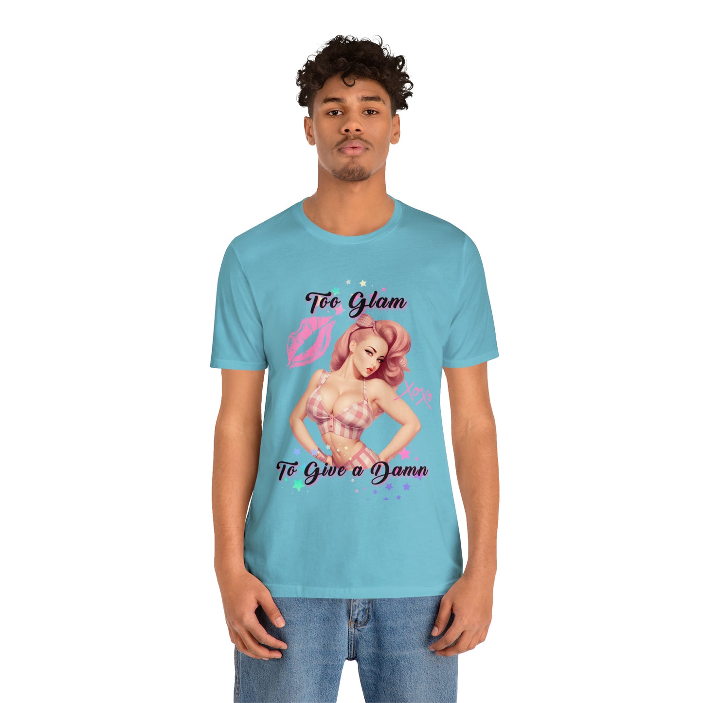 Vintage Pink Pinup Girl "Too Glam To Give a D*mn" on a Bella+Canva 3001 Unisex Jersey T-Shirt - A Must-Have Gift for her