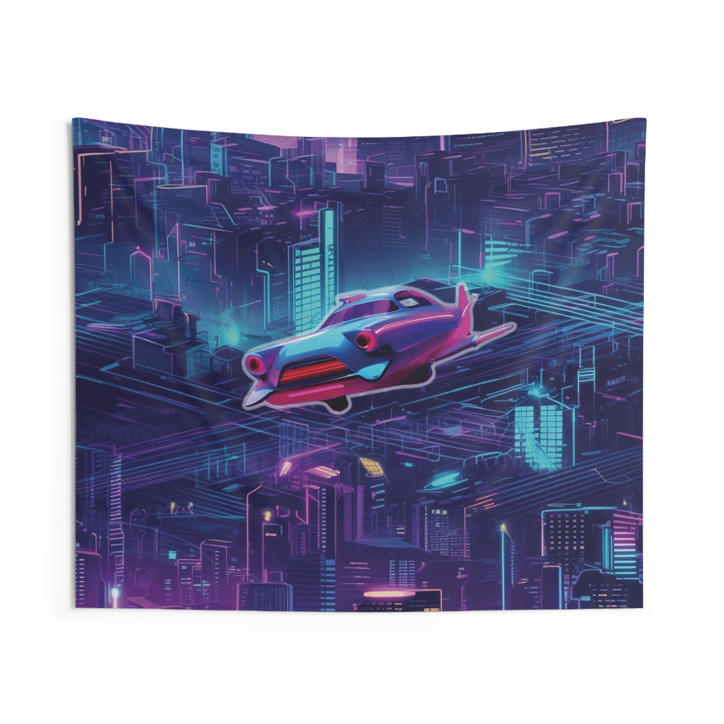 Futuristic Cyberpunk Cityscape Tapestry with Flying Car - Neon Wall Art for Modern Decor