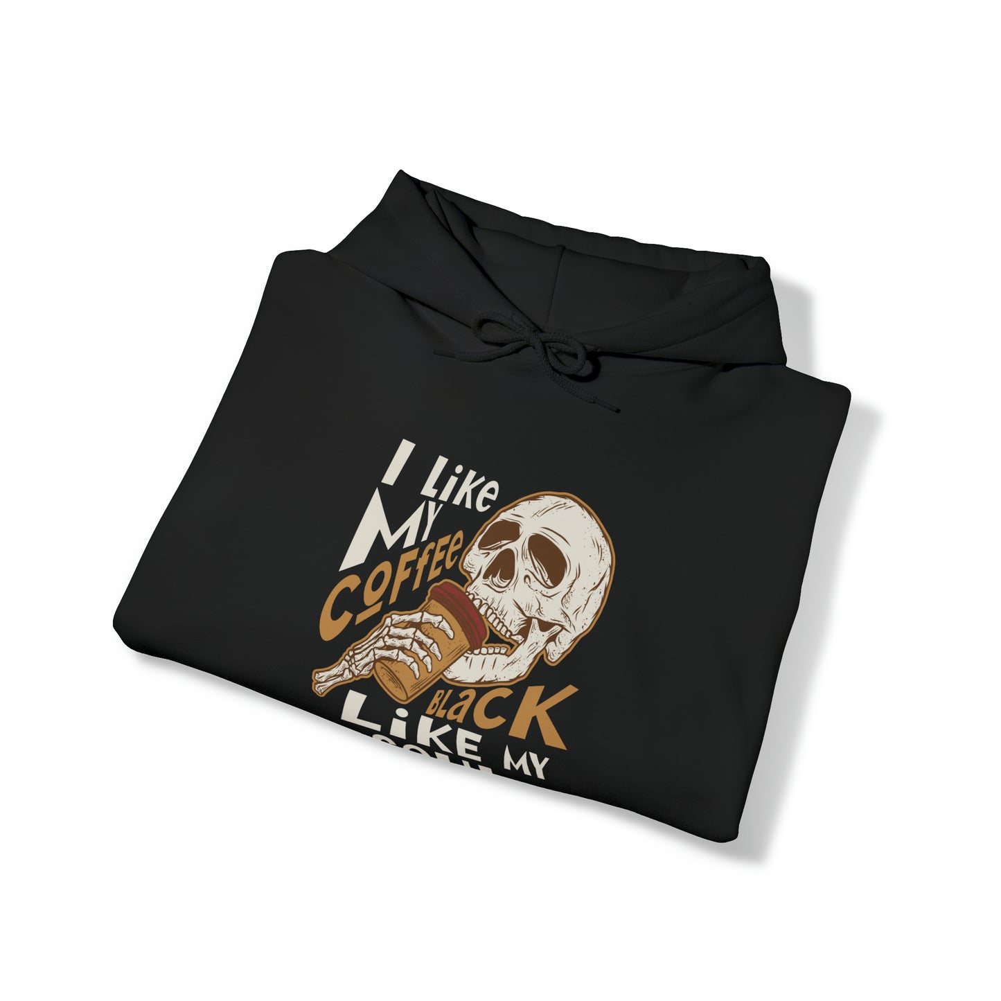 I like my coffee black like my soul Unisex Heavy Blend™ Hooded Sweatshirt skull design, coffee lover fashion, unique gift, edgy style.