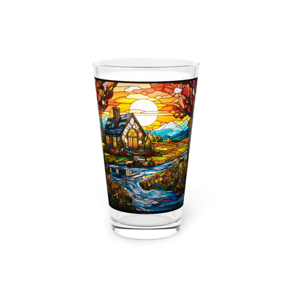 Rural Serenity: a charming farmhouse nestled amidst lush greenery, near a babbling brook 16oz Pint Glass Gift idea gifts for home decor housewarming gift