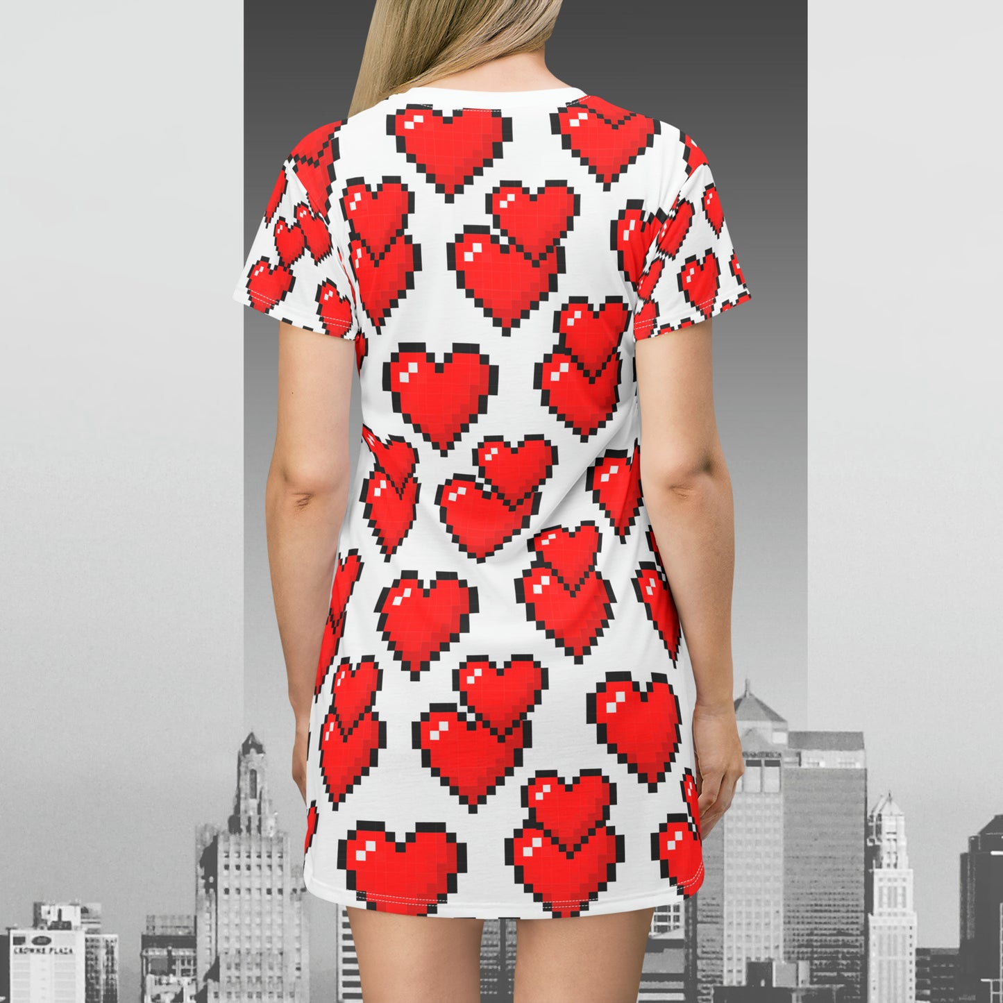 8 Bit Hearts on White T-Shirt Dress (AOP)